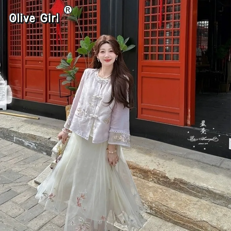Фото Женская розовая шуба Olivegirl с синей вышивкой в виде цветов, шифоновая куртка, весна 2026, роскошный высококачественный топ в нежном сказочном стиле №5