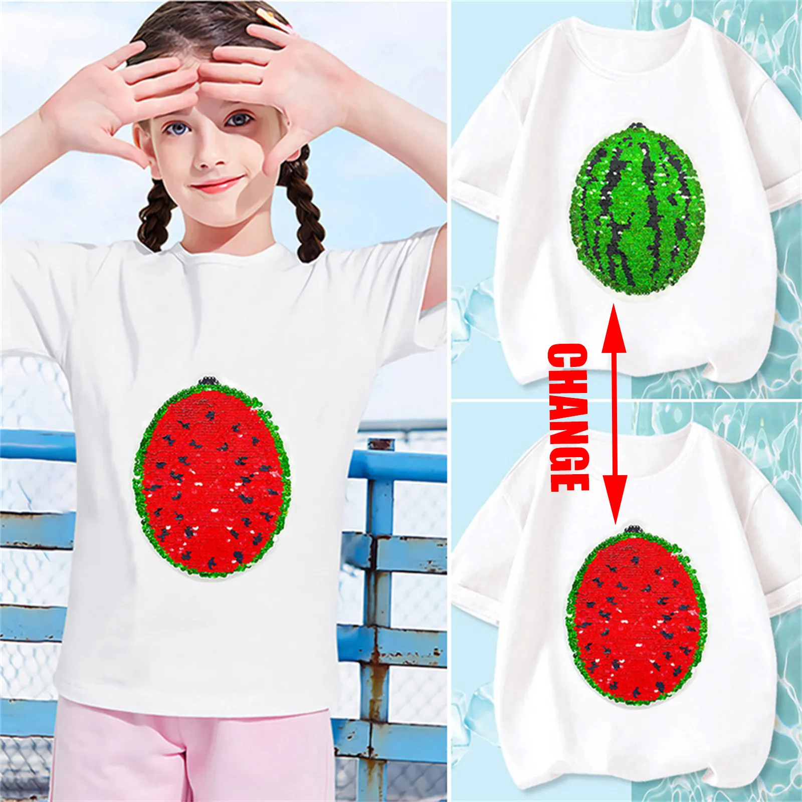 2~9Year Toddler Kid Baby Boys Girls T Shirt Magic Changing Flip Sequins Watermelon Tops Short Sleeve Summer Clothes For Children