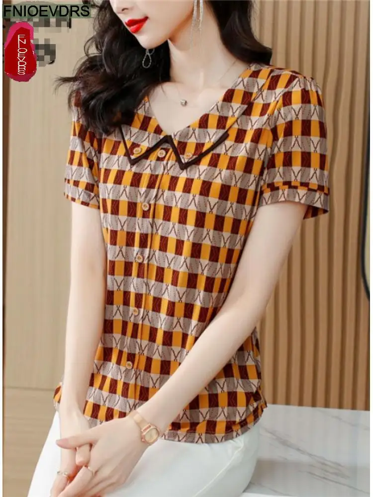 

2022 Summer Short Sleeve Loose Lazy Clothes Elegant Women Vintage Blouses Short Shirt Female Casual Yellow Red Plaid RetroTop