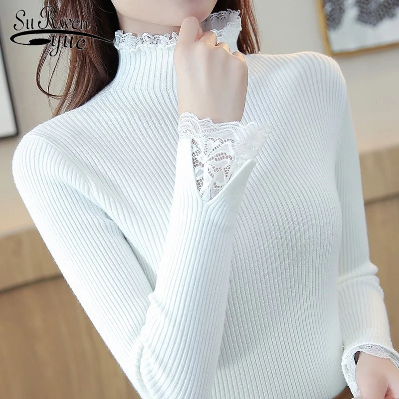 

New Winter Half-high Collar Sweater Women Slim Jumper Knitted Bottoming Sweater Tops Solid Color Lace Thickening Clothing 7569