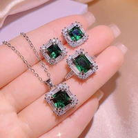2022 new fashion emerald square full of diamonds pendant necklace stud earrings open adjustable ring for women gift jewelry