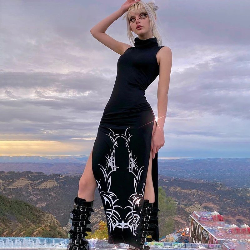 

Goth Turtleneck Gothic Punk Black Midi Dark Grunge Dresses Aesthetic Slim Print Women Praty Dress Sexy Emo Clubwear Alt Clothes