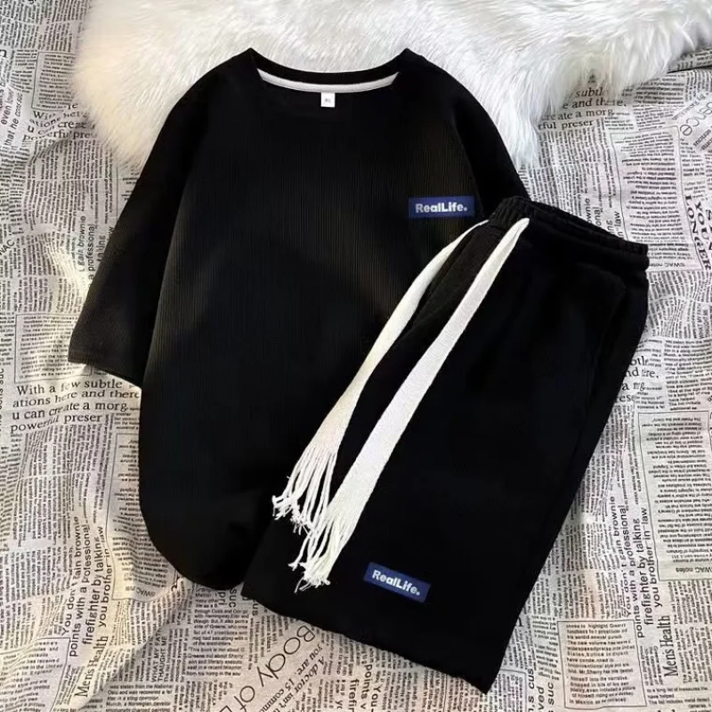 Waffle Youth Sportswear Suit Men's Large Size Loose Summer Thin Short Sleeve Shorts Men's Sport Suit