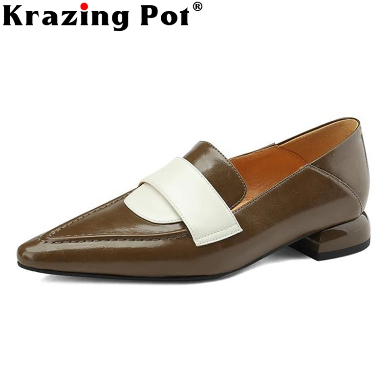 

Krazing Pot Full Grain Leather Pointed Toe Low Heels Spring Shoes Mixed Colors Retro Fashion European Style Slip on Women Pumps