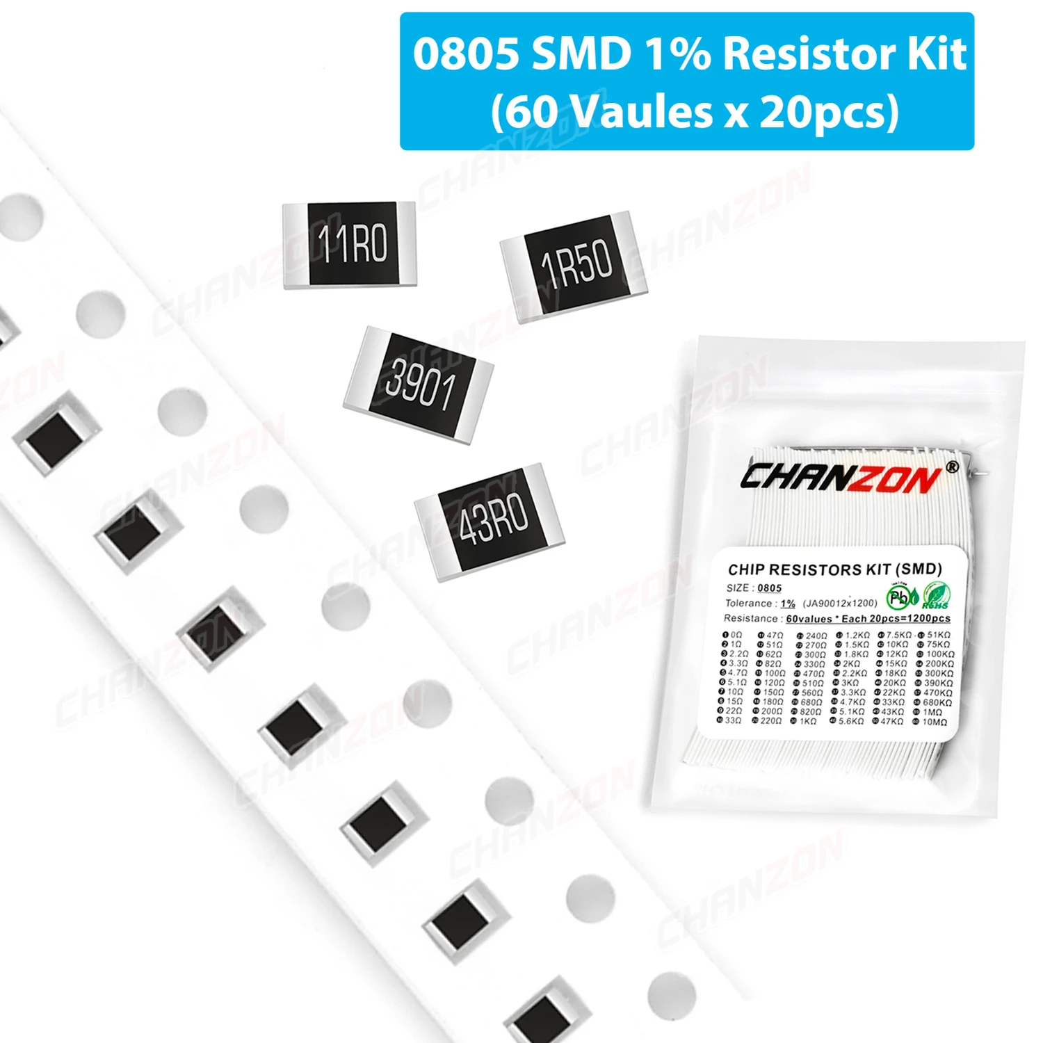 

60 Values 1% SMD 0805 Resistors Kit 0 R - 10M Ohms Film Chip Surface Mount Resistance Assorted SMT Set 1200 Pieces 43K 47K 51K