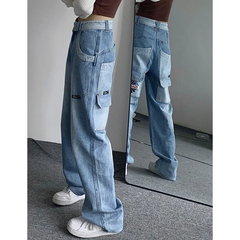 Streetwear Loose Men And Women Cargo Pants Straight Jeans Light Blue Hip Hop Straight Baggy Pants Simple Couple Denim Trousers