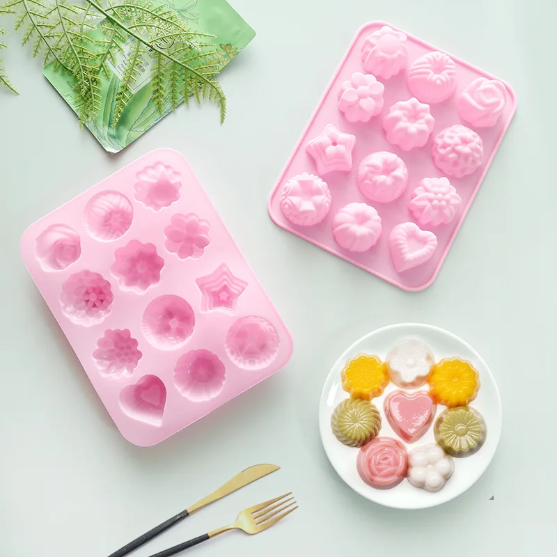 

12 Flower Shaped Silicone Cake Mold 3D Fondant Cupcake Jelly Candy Chocolate Decoration Baking Ice Cubes For Kitchen Accessories