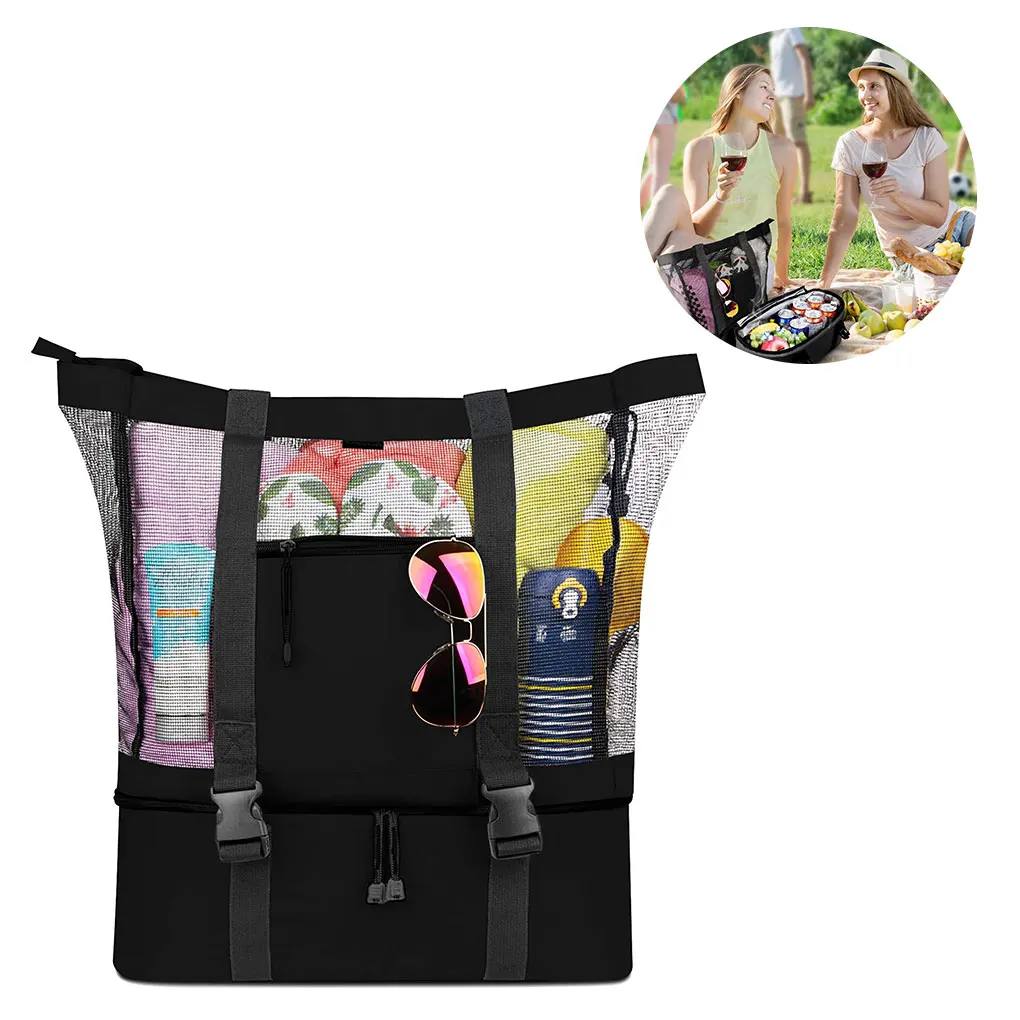 

2-in-1 Beach Bag Mesh Tote Handbag Insulated Cooler Bag Summer Vacation Beach Walking Handbag Picnic Sundries Storage Bag