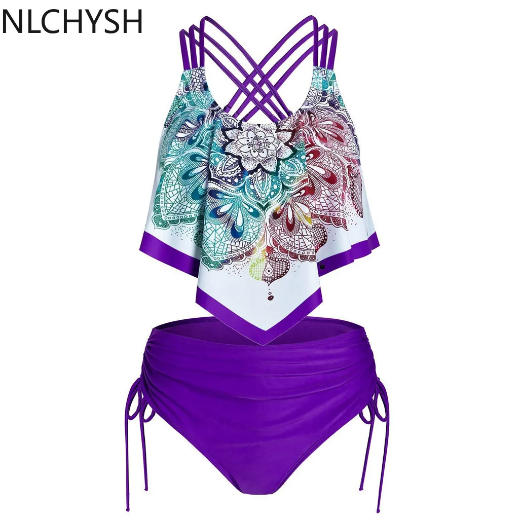 

Women Boh Print Ruffles Halter bukini Push-Up Padded Overlay Flounce Crisscross Tankini Swimwear high waist bikini set Monokini