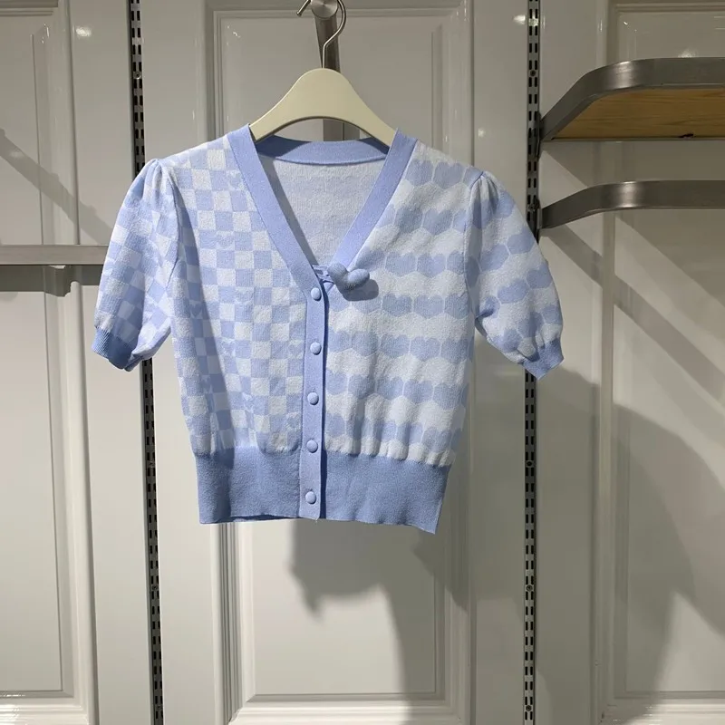 

Golf Summer New Fashion Versatile Blue Knit V-neck Short Sleeve Love Short Thread Cardigan Women