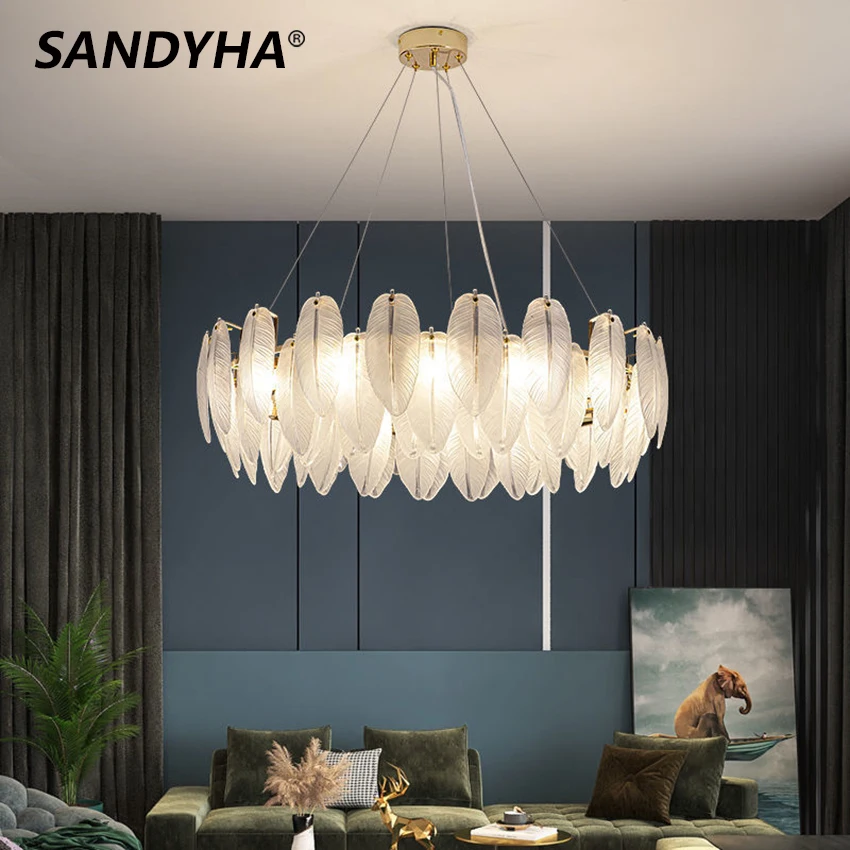 

Nordic Glass Feather Pendant Lights Luxury Ring Led Gold Chandelier for Living Room Decor Lustre Salon Design Luxe Hanging Lamp