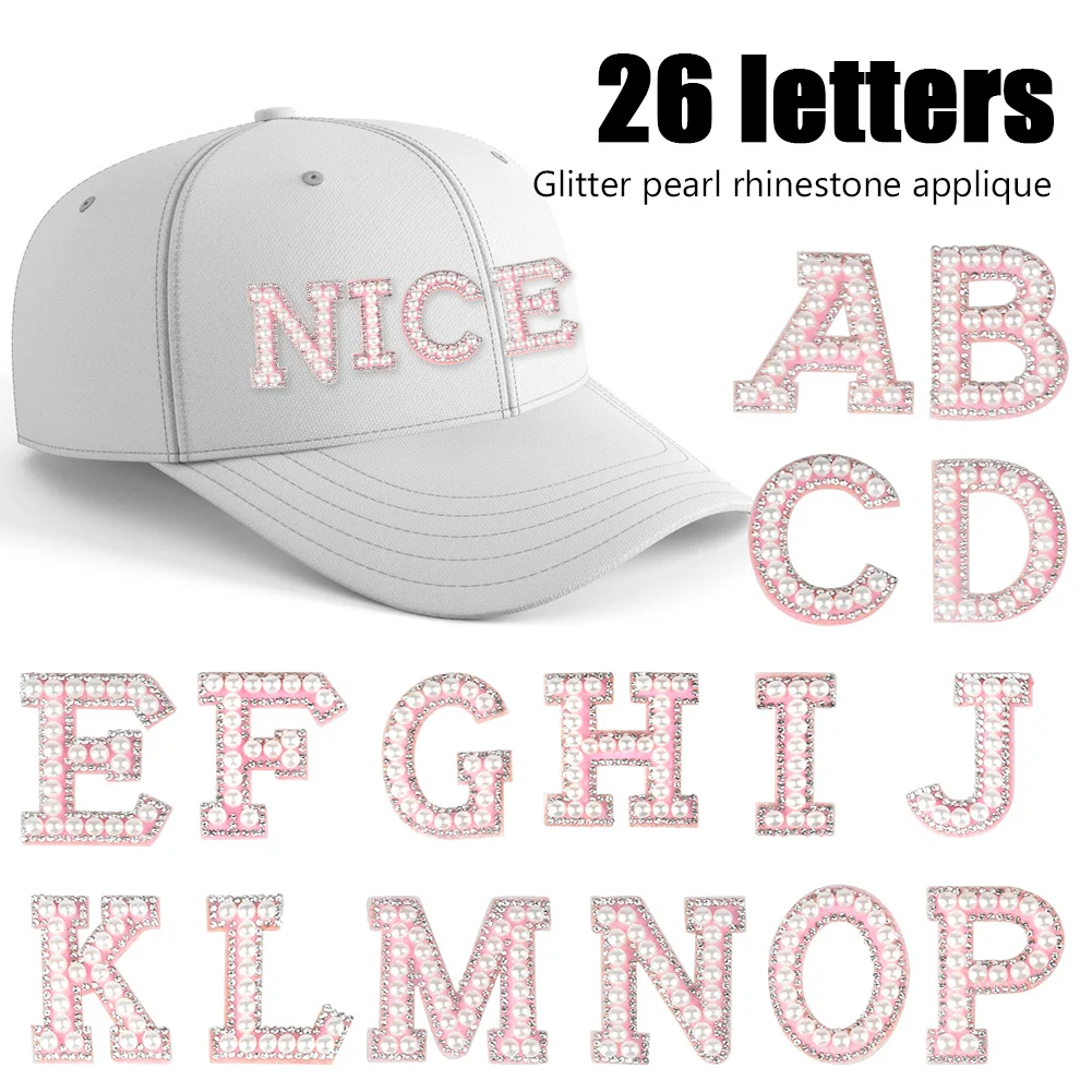 

Embroidery Towel Pink Pearl Rhinestone Sparkle A-Z Letter Patch Handmade Patches Sew Iron Alphabet For DIY Clothing Bags Jacket