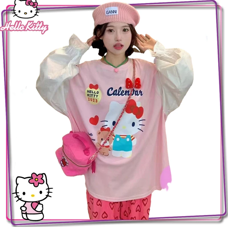New Sanrio Hello Kitty Cartoon Women's Long Sleeve Top Y2K Extra Large Kt Cat Loose Casual Sleeve T-Shirt Girl Top Gift