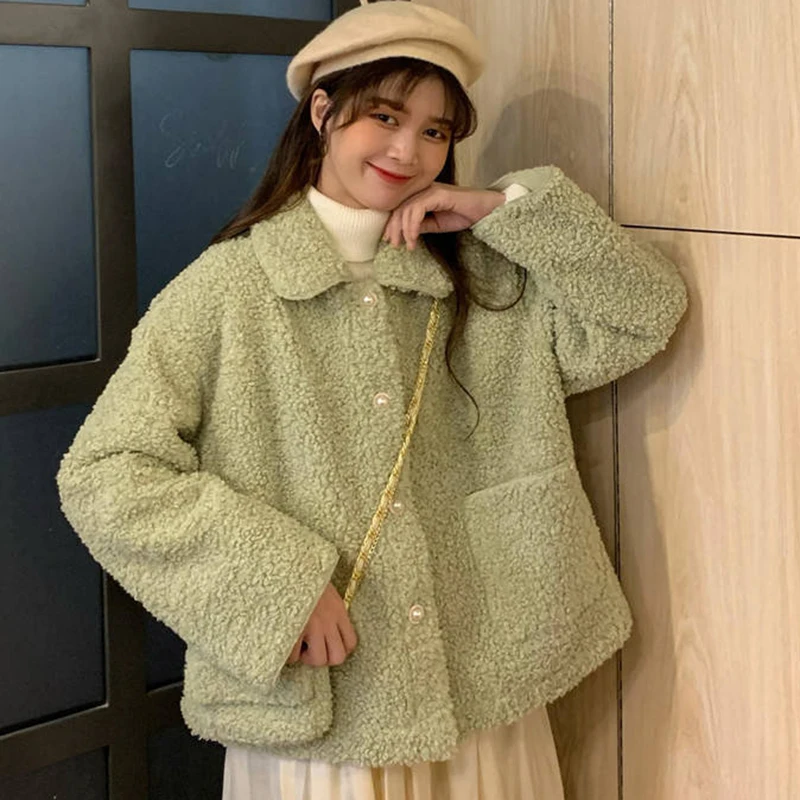 

Pop Autumn Winter Faux Fur Coats Women Nice Soft Long Sleeve Thick Warm Jacket Woman Button Ladies Casual Plush Outerwear