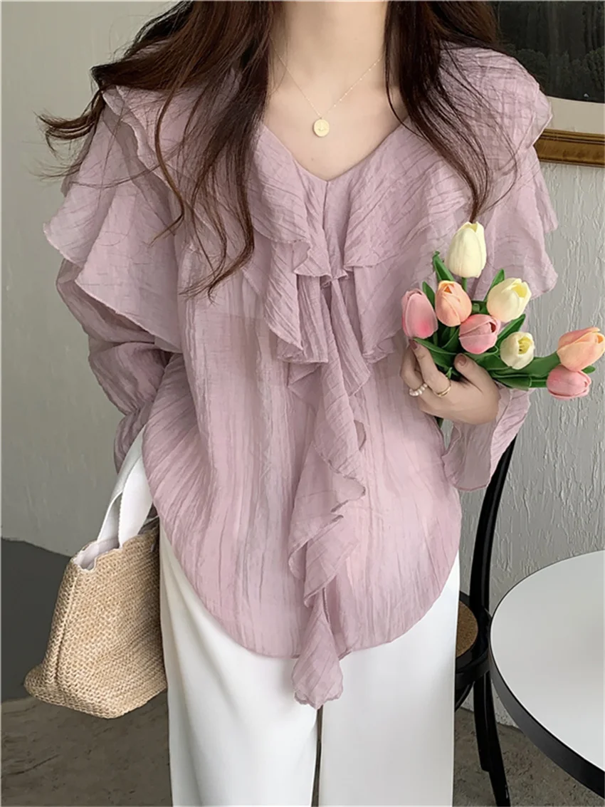 

HziriP Gentle Women Summer Blouses Sweet Girls Ruffles Light Full Sleeve 2022 Flare Sleeve Chic Elegant Office Lady Hot Solid
