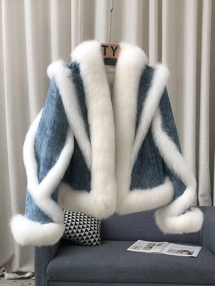 2024 новый натуральный мех винтажная джинсовая лоскутная короткая куртка из