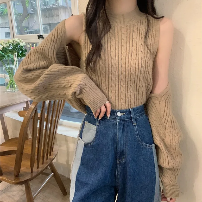 

Cardigan Two Piece Set 2023 Autumn Winter Women Sweater Round Neck Knitted Sleeveless Vest Sweaters Coat Casual Y2k Spring