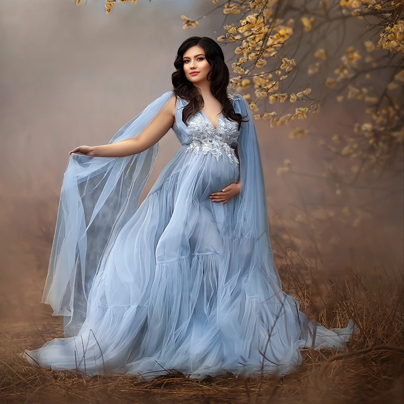 Light Blue Mesh Phorography Pregnancy Dresses Elegant Appliques Tulle A-line Maternity Gowns Front Slit Ruffles Maternity Dress