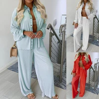 new women casual 2pcs clothes set solid color lapel long sleeve button down shirts with loose long pants set for autumn