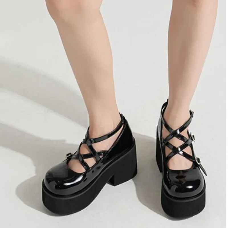 

Black Platform High Heels Thick Bottom Women Mary Jane Shoes Lace Up Trendy Goth Punk Ladies Pumps Stylish Vintage Lolita Shoes
