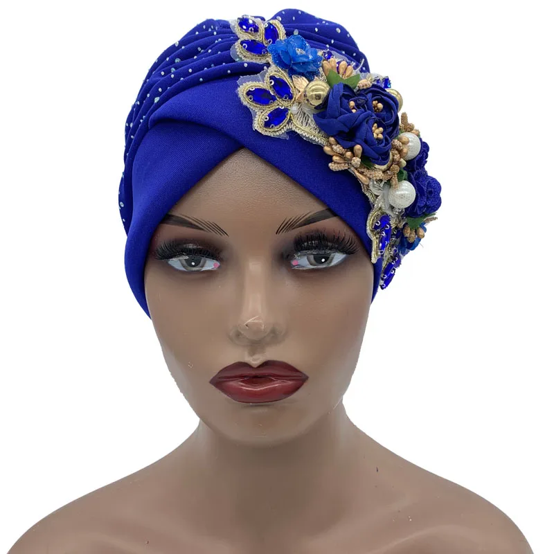 Fashion Shinny Rhinestone Flowers Women's Turban Hat Muslim Beanie Head Wrap Bonnet Female Party Headgear African Headtie