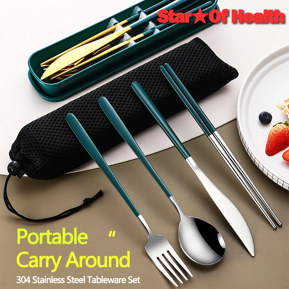 

Travel Portable Cutlery Set Dinnerware Set 304 Stainless Steel Knife Fork Spoon Eco Friendly Picnic Camping Flatware Set Box Bag