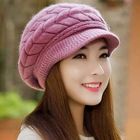 dropshippingknitted hatwarm flat brim shape faux rabbit fur fashion women warm hat for cold weather