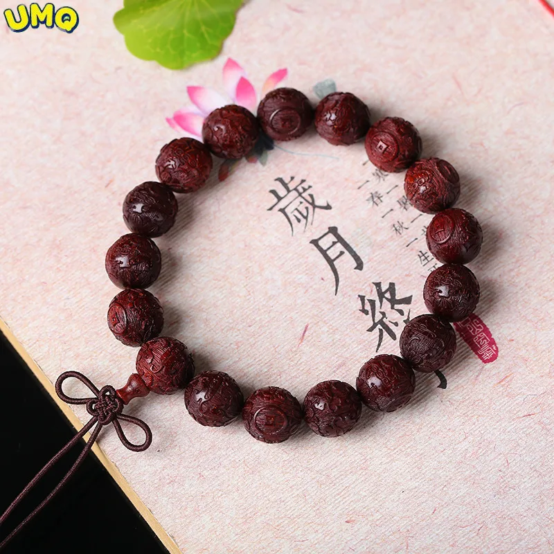 

Индийский маленький браслет из красного сандалового дерева, 12 мм, резная мантра с шестью символами, браслет из красного сандалового дерева ...