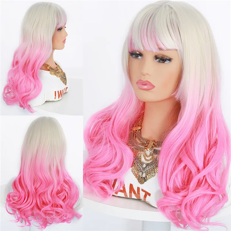 

Women's Synthetic Wig With Bangs Big Wave Long Curly Hair Dyeing Gradient Party Wig Middle Part Full Mechanism Hair