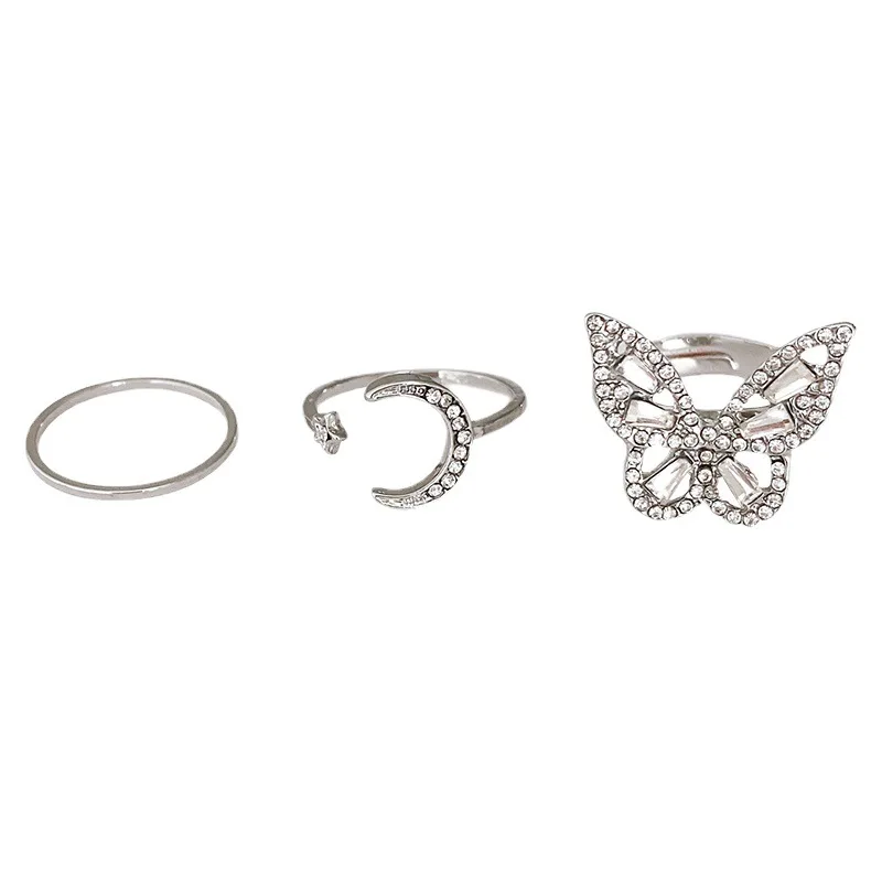 

PTQASP 3Pcs Silver Color Butterfly Rhinestone Finger Rings Set for Women Simple Metal Moon Knuckle Ring Female Charm