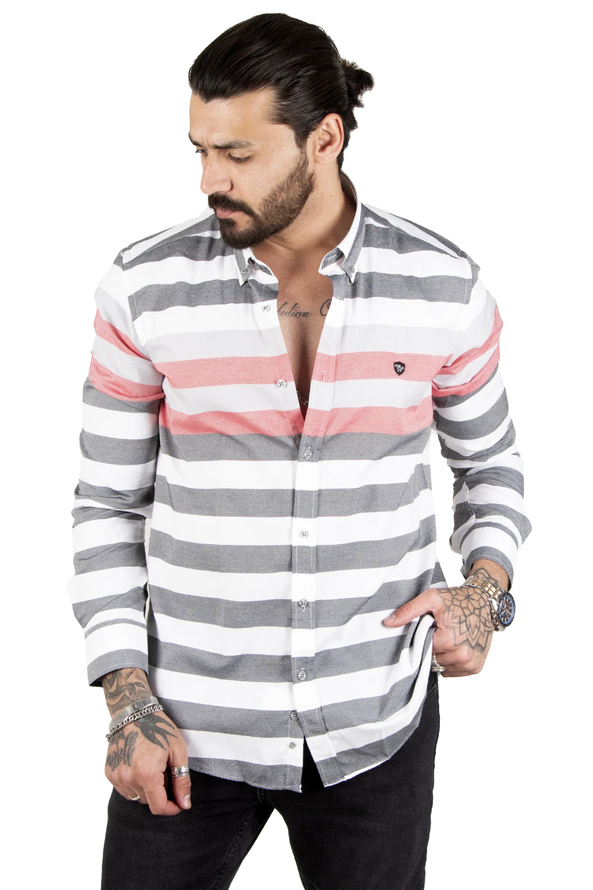 DeepSEA horizontal thick striped dotted patterned men's shirt 2207519