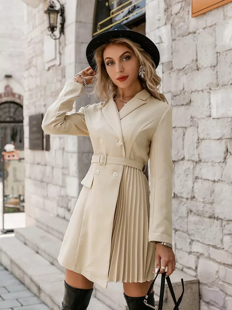 

A-line v-neck buttons stitching pleated women dress belt Office notched mini blazer dress Female long sleeves vestidos