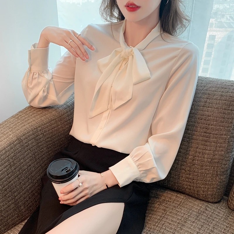 

Ribbon chiffon Shirt Satin Long Sleeve Feeling Commuter 2022 Spring Joker Fashion Foreign Style Design Sense, 981a,hai,0315-6