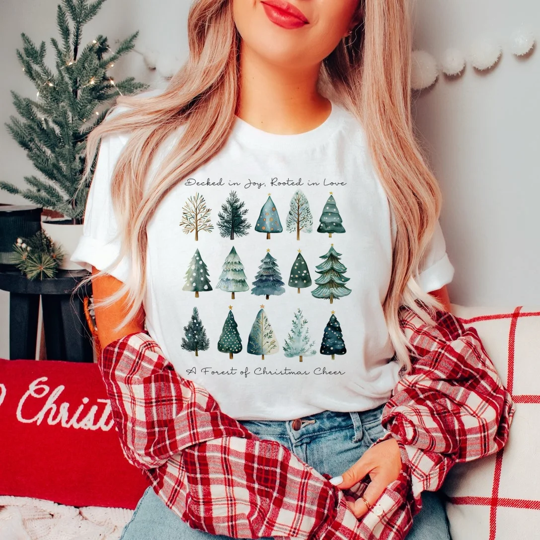 Printed Pattern Watercolor T-Shirt Polyester White Short Sleeved Women's Top Christmas Tree Fashionable Casual Cartoon Clothing