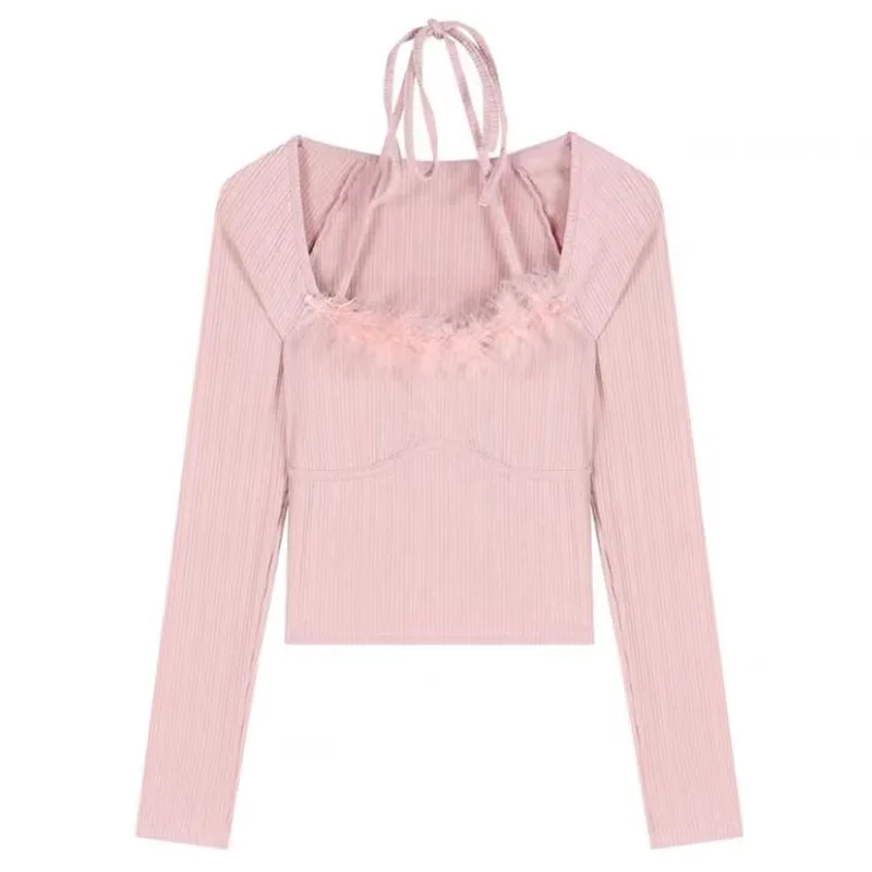 

Женская футболка с короткими подтяжками, плюшевая облегающая розовая рубашка с длинными рукавами и воротником-халтером, новинка весны 2022