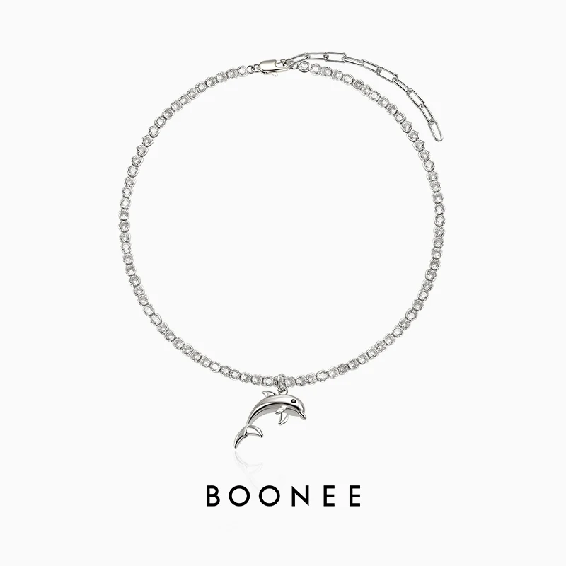

Original design symbiosis series dolphin leap pendant full of diamonds choker collarbone chain sweet cool necklace