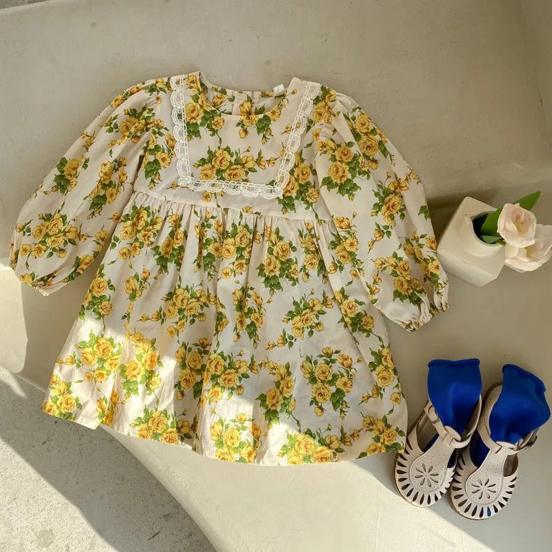

MILANCEL 2022 Spring New Kids Clothes Lace Collar Girls Dress Long Sleeve Girl One Piece Korean Casual Girls Outfits