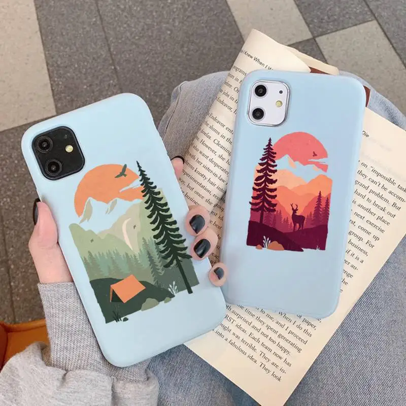 

YNDFCNB Mountain Tree Sunset Phone Case for iPhone 11 12 13 Mini Pro Xs Max 8 7 6 6S Plus X XR Solid Candy Color Case
