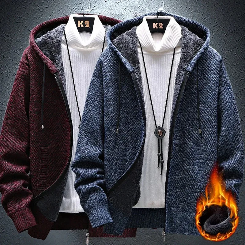 

2023 Autumn Winter Men's Thick Sweatercoat Collar Zipper Sweater Coat Outerwear Winter Fleece Cashmere Liner Sweaters Turn-down