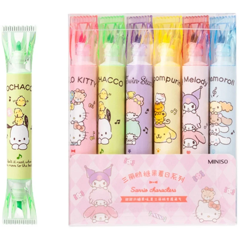 

Kawaii Kuromi My Melody Cinnamoroll, 6 шт. в упаковке, мультяшная коллекция милых конфет, набор маркеров, двухсторонние маркеры, подарок девочке в виде сердца