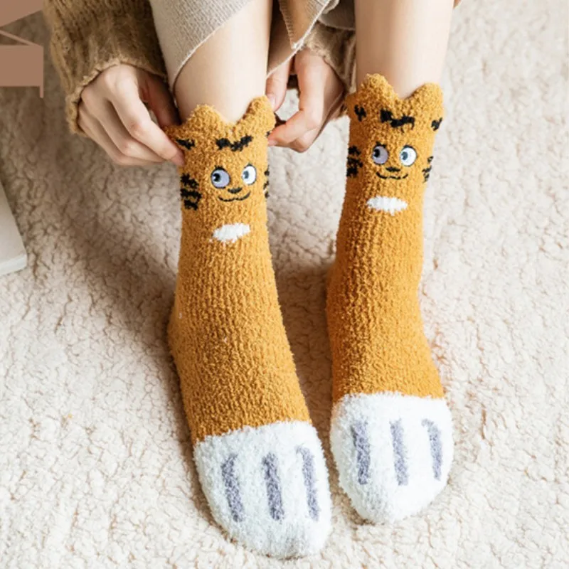 

Autumn Winter Women Warm Soft Fluffy Bed Socks Cat Claw Coral Velvet Ladies Home Floor Slipper Plush Thicken Coral Fleece Socks