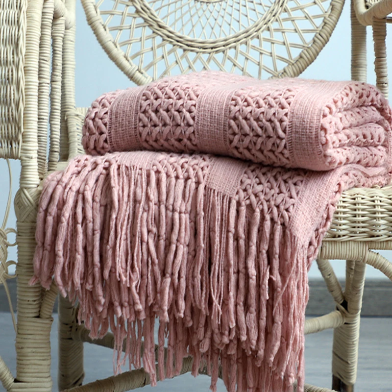 

Crochet Fringed Solid Sofa Throw Blankets Nordic Tasseled Decorative Blanket Light Soft Bed Cover
