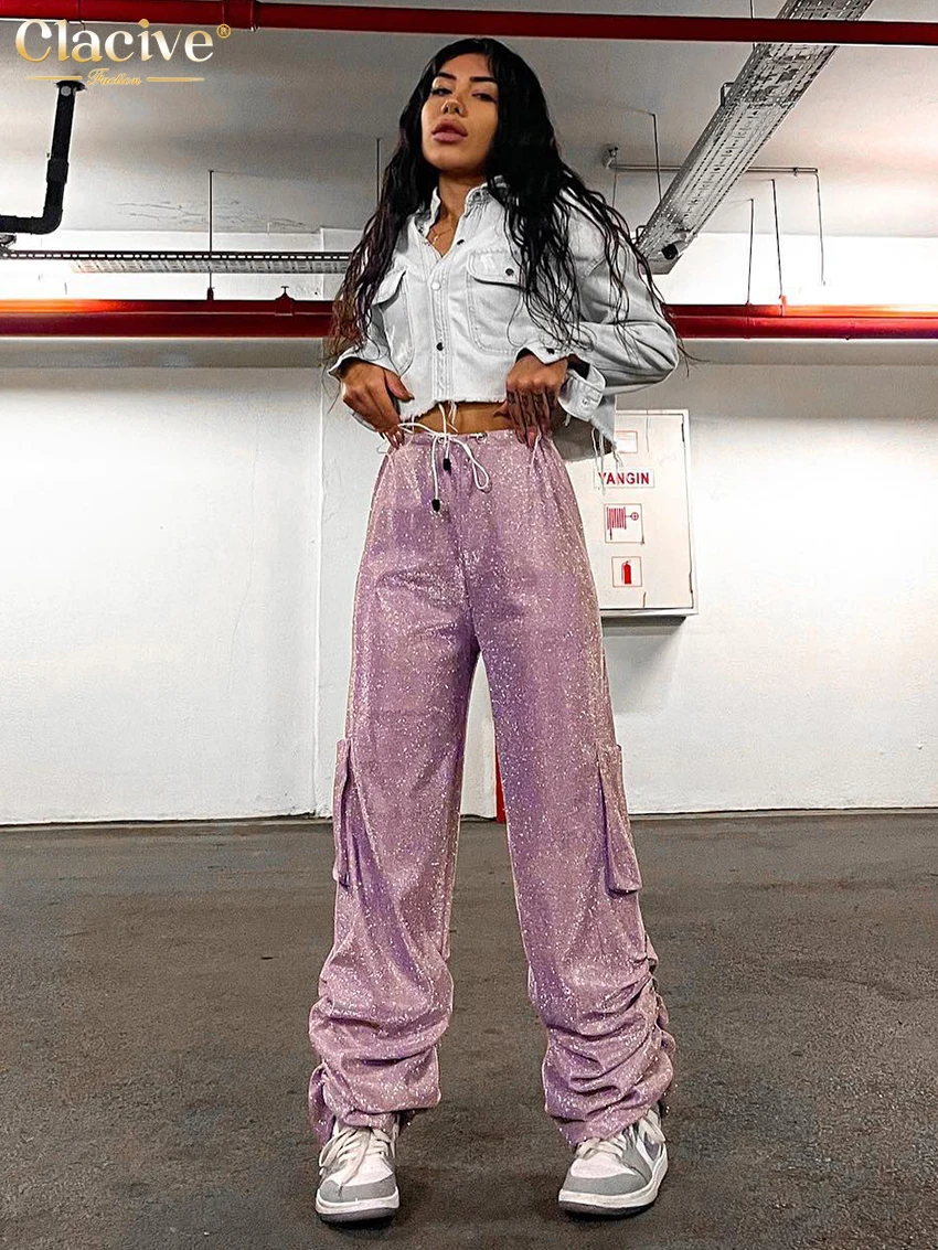 Clacive Fashion Sliver Glitter Women'S Pants 2023 Elegant High Waist Full Length Cargo Pants Streetwear Loose Lace-Up Trousers