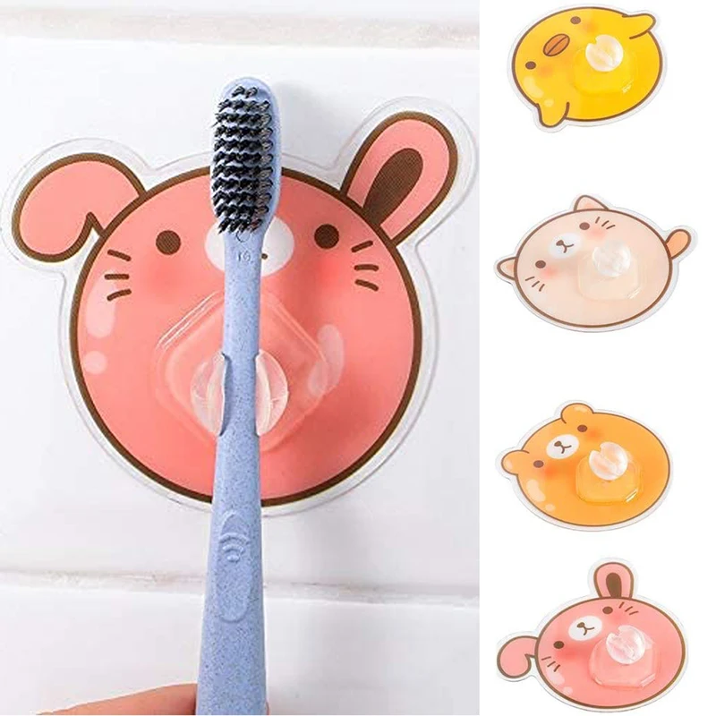 

3Pcs Wall Mount Toothbrush Holder Self-adhesive Standing Rack Space-Saving Cartoon Toothbrush Shelf Bathroom Accessories