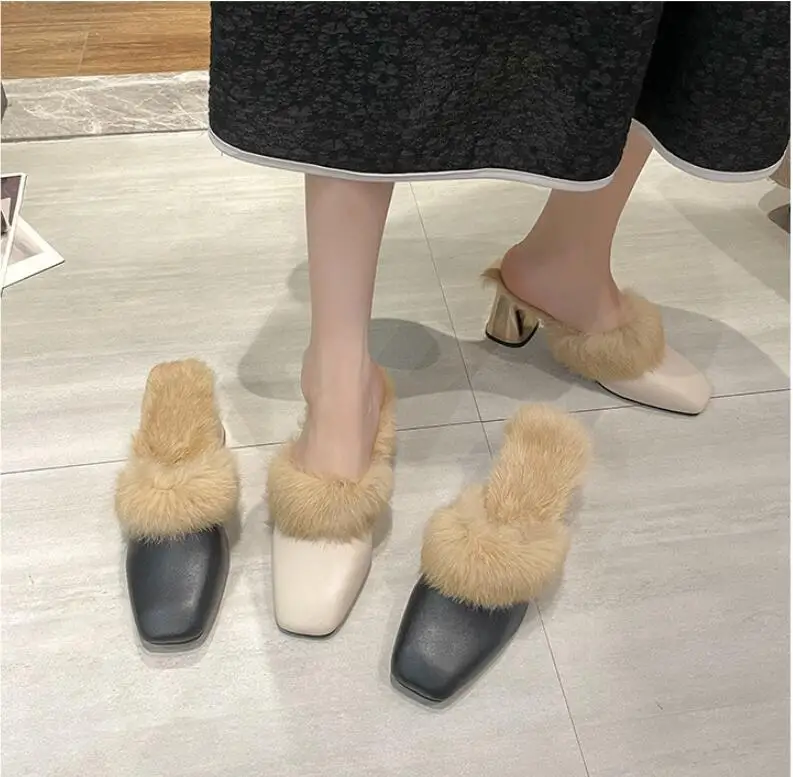 Outdoor winter women's plush thick platform warm square head cotton slippers fur household comfortable anti-skid women's outer s