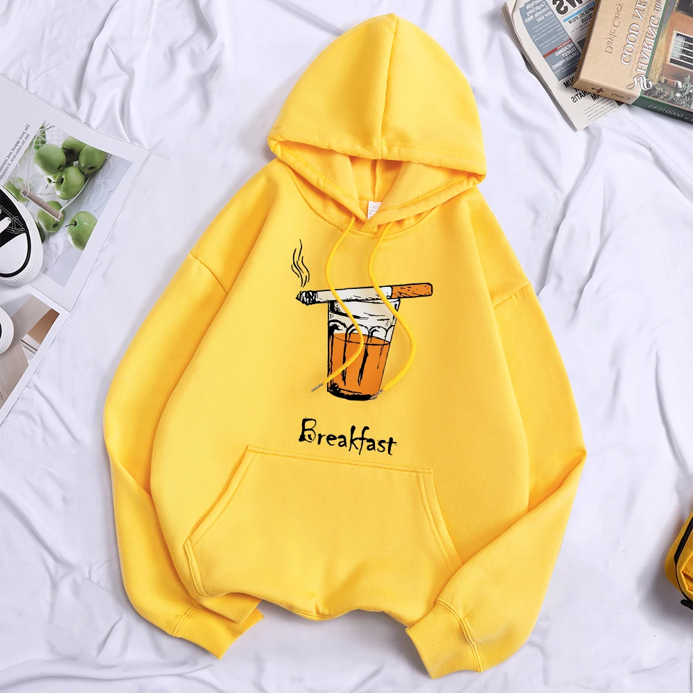 

My Breakfast Is Smoking And Drinking Creativity Print Hoody Women Cotton Brand Clothing 2023 New Sweatshirts Loose Oversize Tops