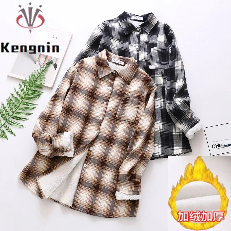 

Женская флисовая рубашка с принтом, Повседневная Свободная теплая блузка в клетку с длинным рукавом, на осень/зиму, KE3016, 2022