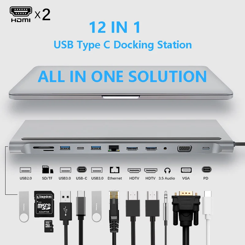 

Док-станция USB Type-C для ноутбука, док-станция с двойным монитором MST, HDMI, VGA, RJ45, SD, TF для MacBook, Dell, XPS, Hp, Lenovo, ThinkPad