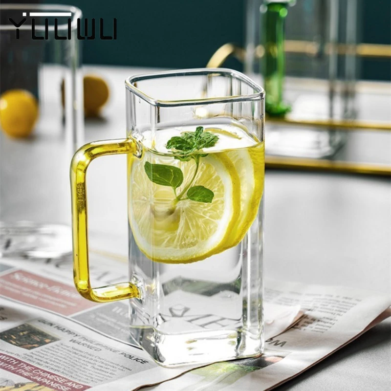 400ml Square Glass Milk Cup with Handle Coffee Water Heat Resistant Green Handle Mug Party Restaurant Juice Beer Mugs