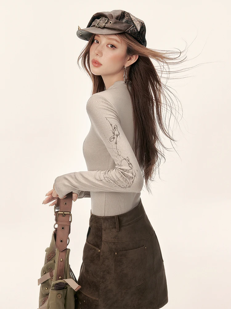 Eptison Knitted Bottoming Shirt 2024 Autumn New Retro Gyaru Sle Three-Dimensional Waist Hugging Short Top Women